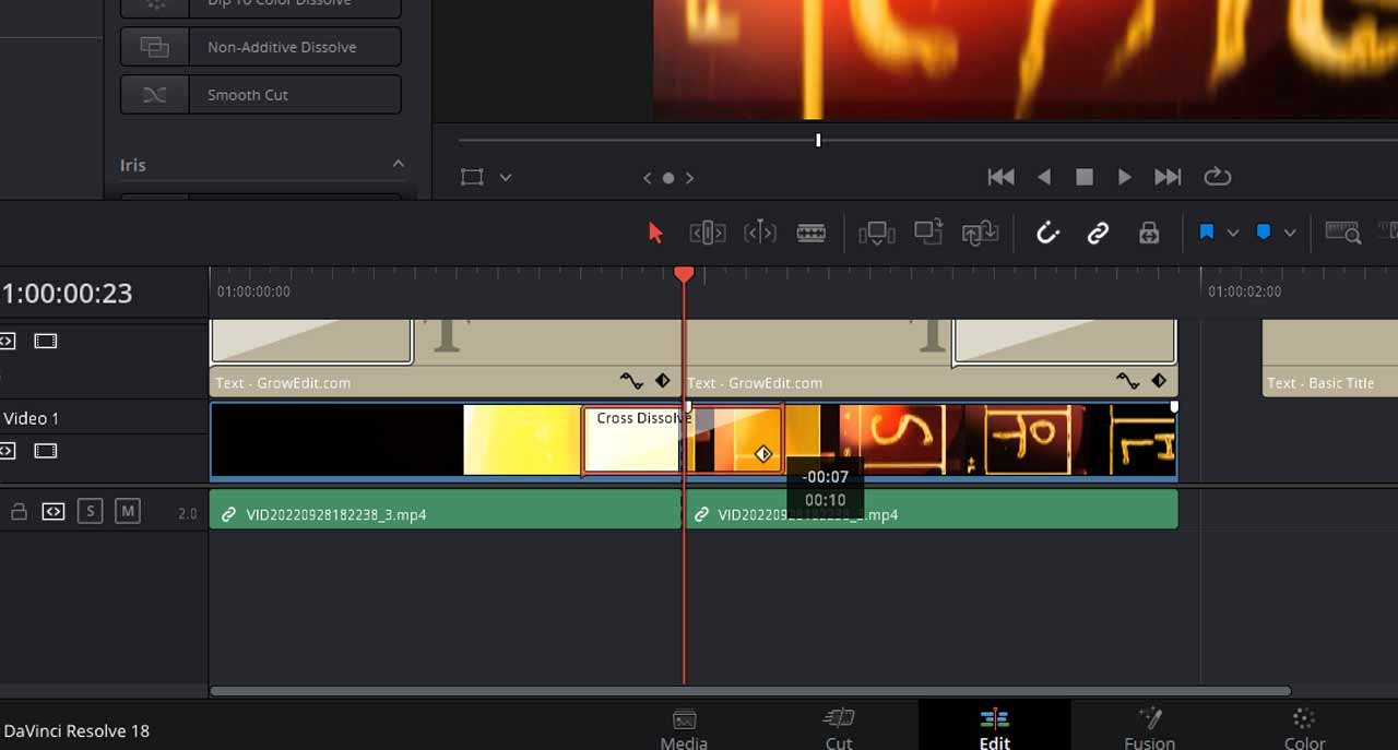 transition on video in Davinci resolve